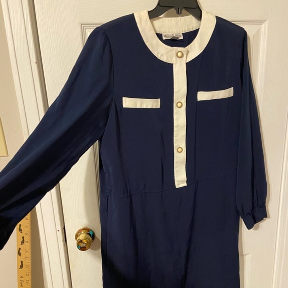 Vintage Hana Sung Elegant Navy Blue and White Dress